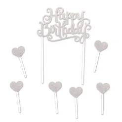 Taartdecoraties Happy Birthday Hearts Zilverkleurig