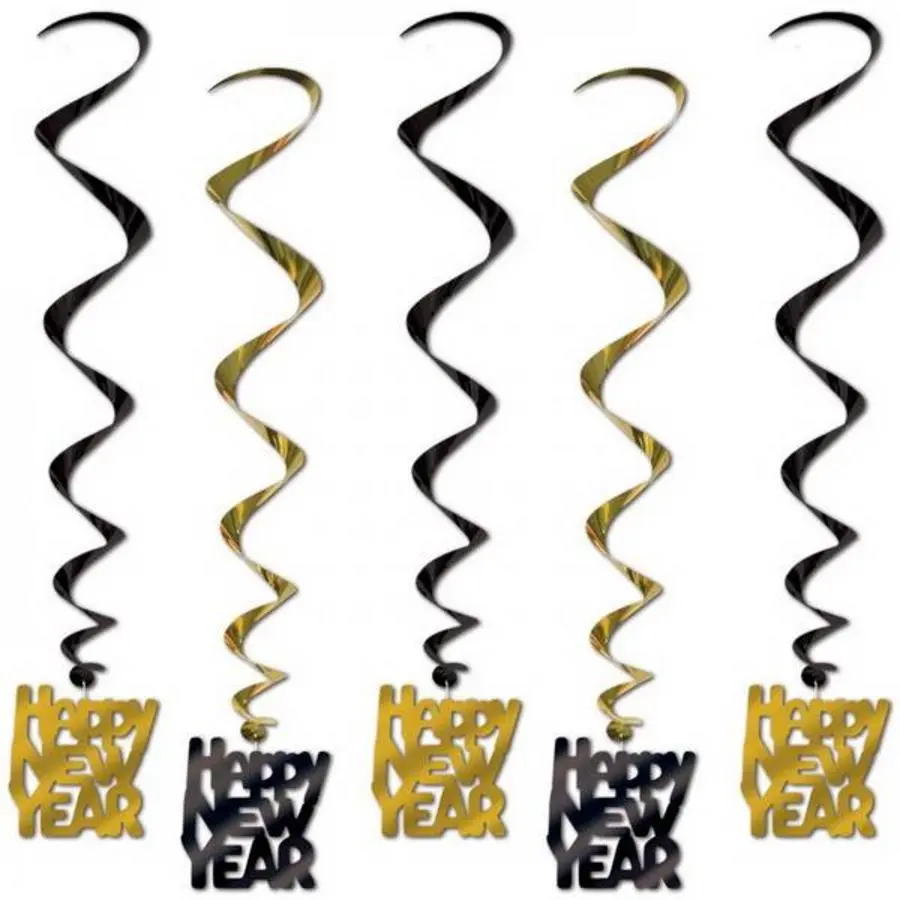 Hangdecoratie Whirls Happy New Year Goud-Zwart