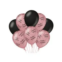 Ballonnen Happy Birthday Rosé Zwart 8 Stuks
