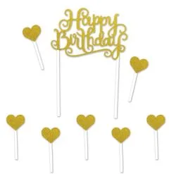 Taartdecoraties Happy Birthday Hearts Goudkleurig